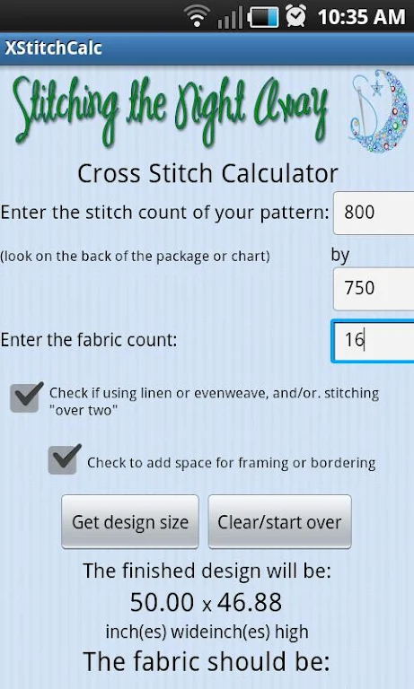 Cross Stitch Fabric Calculator Screenshot2