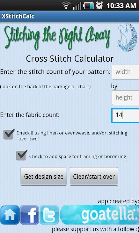 Cross Stitch Fabric Calculator Screenshot1