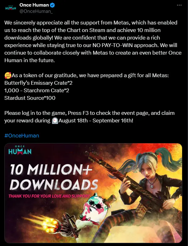 Once Human Celebrates 10 Million Downloads with Free Rewards! Image 2