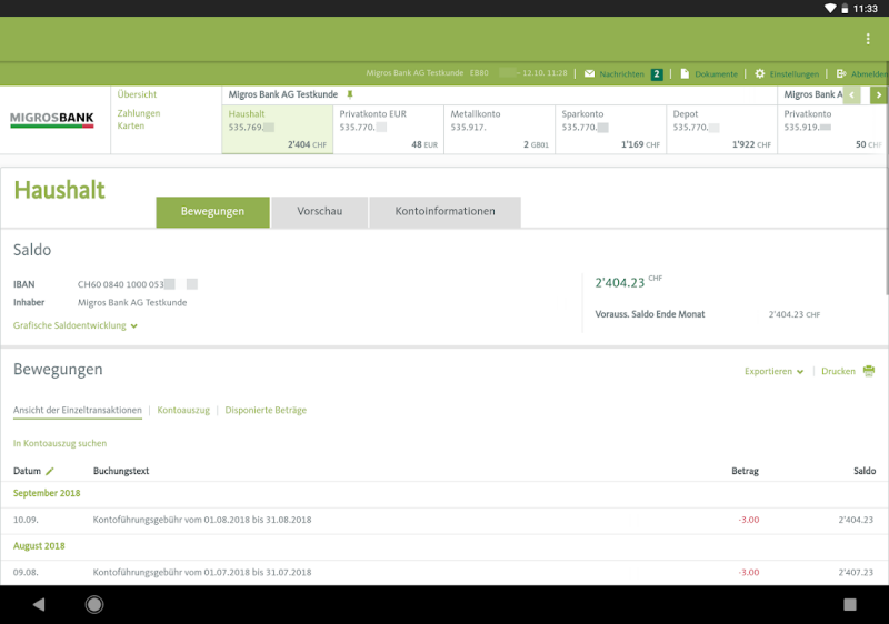 Migros Bank E-Banking Tablet Screenshot3