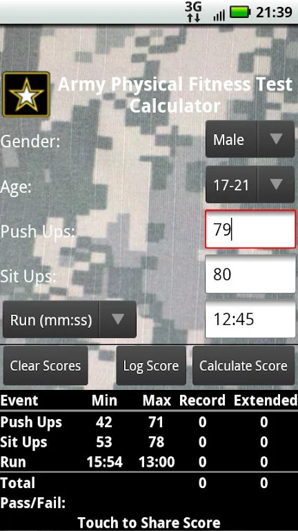 APFT Calculator w/ Score Log Screenshot1